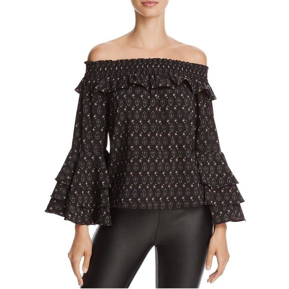 Misa Los Angeles Saskiya Black Multi Off-The-Shoulder Printed Blouse Sz XS - Picture 1 of 9
